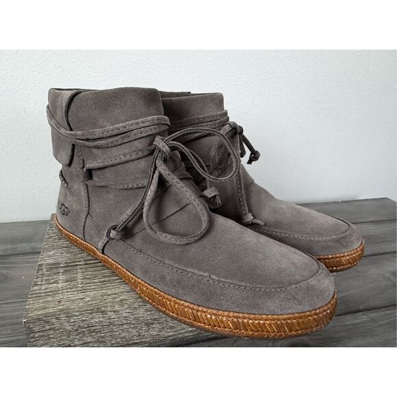 UGG Reid Lace-Up Flat Moc Leather Gray Bootie Size 7 - Picture 4 of 10